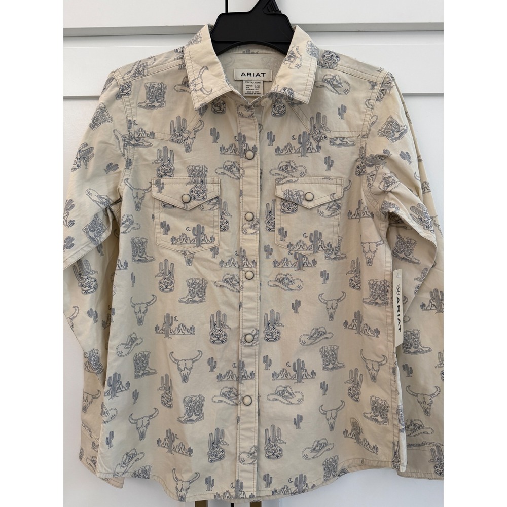 Ariat Girls Mila Snap LS Shirt Tan Desert Print Western Pearl Snap Youth Large